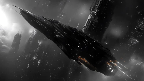Monolithic starship cuts through a dense futuristic city’s haze