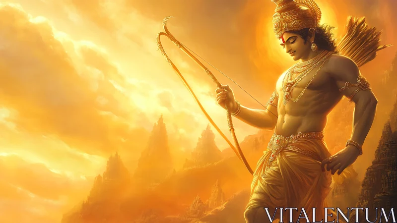 Mythological archer figure in golden atmospheric landscape.