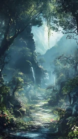 Enchanted Forest Canyon with Cascading Waterfalls and Mystical Light