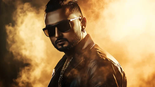 Male subject in leather jacket and sunglasses amid backlight.