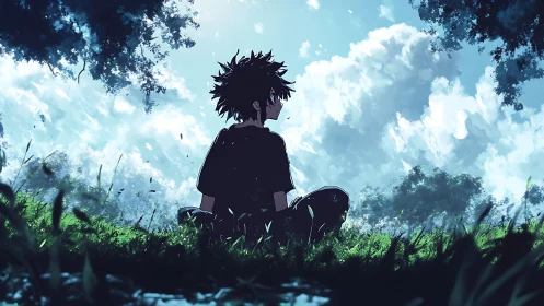 Atmospheric anime field study with dynamic sky luminance.