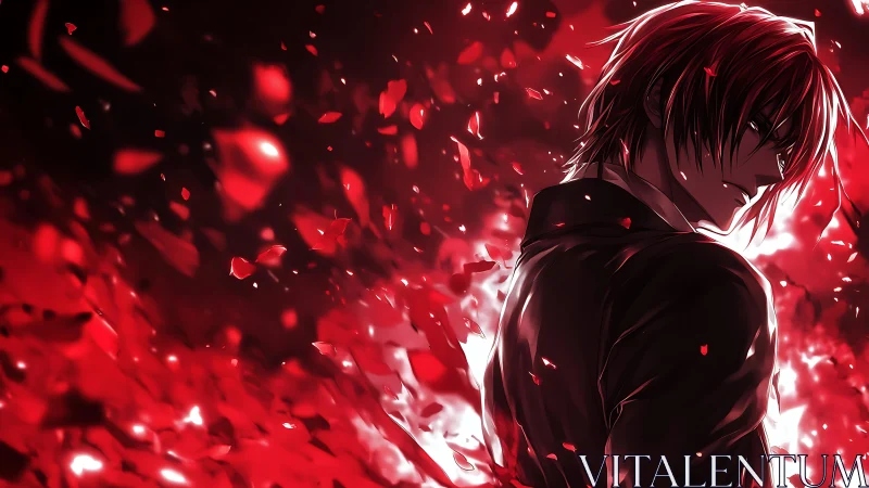 Red-haired anime antihero amid exploding crimson shards.