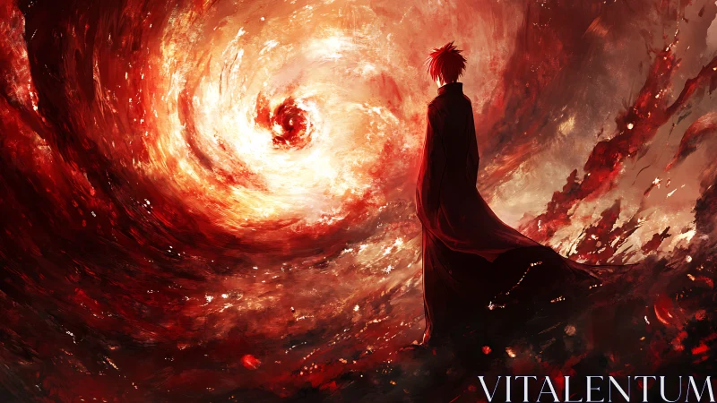 Crimson wanderer contemplates a burning cosmic maelstrom