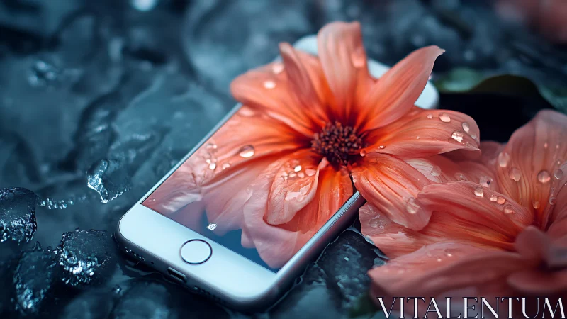 Coral Gerbera Daisy with Water Droplets on White Smartphone.