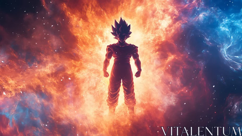 Silhouetted spiky haired fighter amid fiery cosmic energy.