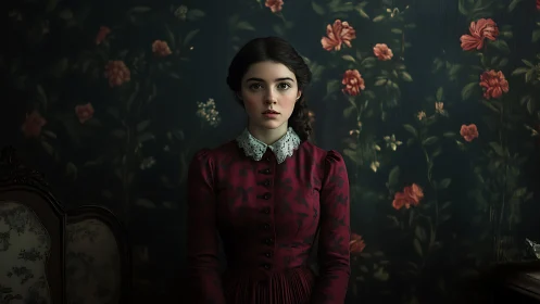 Victorian stillness blooms quietly against haunted floral walls