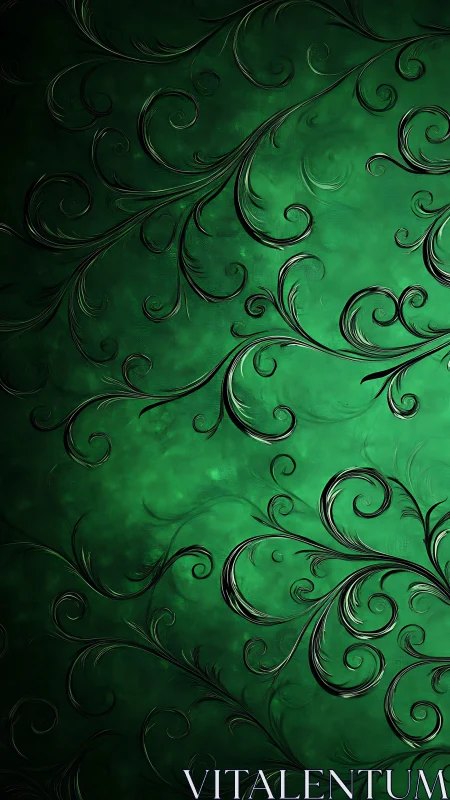 Emerald flourish wallpaper with dark ornamental vines.