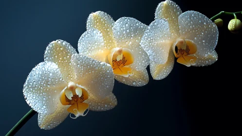 White orchids with water droplets against dark background