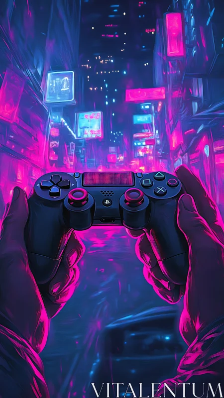 Neon lit gamer hands guide a glowing city of digital night