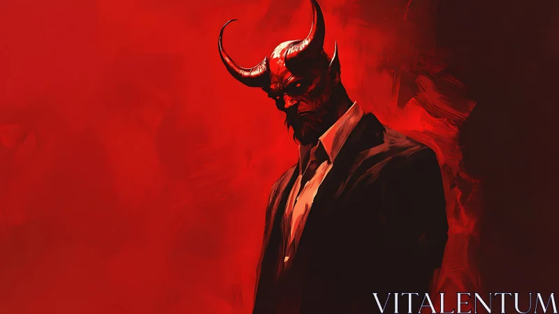 Demonic businessman stands in crimson inferno of swirling light.