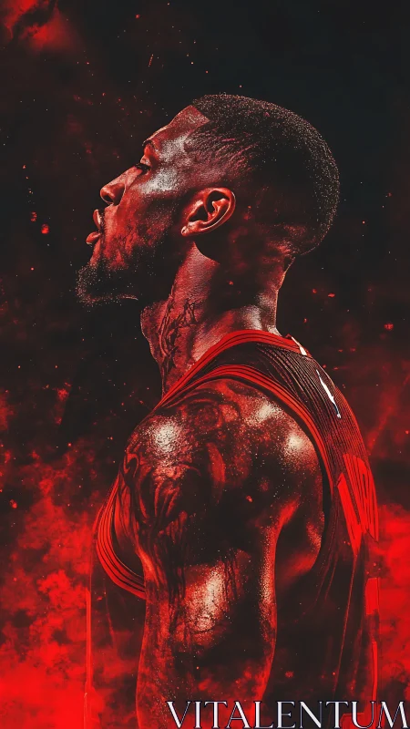 Profile view of basketball player in red digital rendering