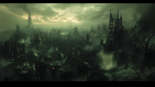 Dystopian toxic megacity skyline under corrosive green haze.