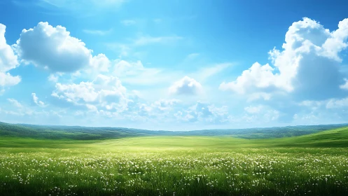 Sunlit wildflower meadow under expansive summer sky.