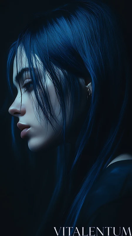 Nocturnal blue-haired profile in cinematic side lighting.
