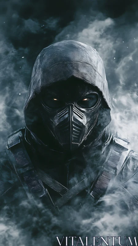 Hooded armored figure in mask surrounded by drifting smoke.