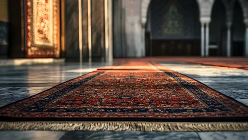 Ornate Persian prayer rug lies on polished mosque floor