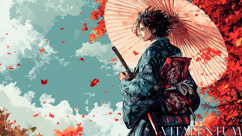 Samurai in blue kimono under parasol amid autumn foliage
