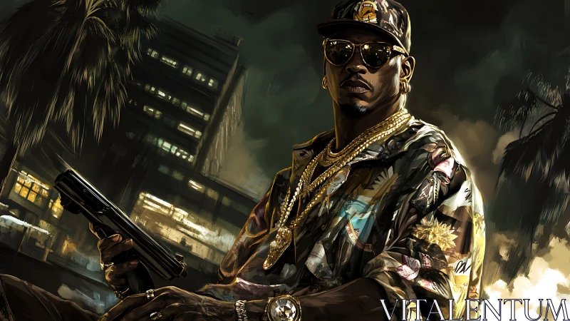 Street kingpin grips pistol under neon city skyline.