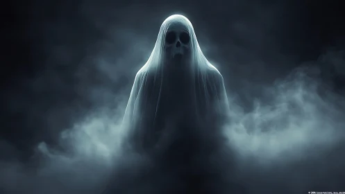 Shrouded skeletal ghost emerging through swirling fog bank.