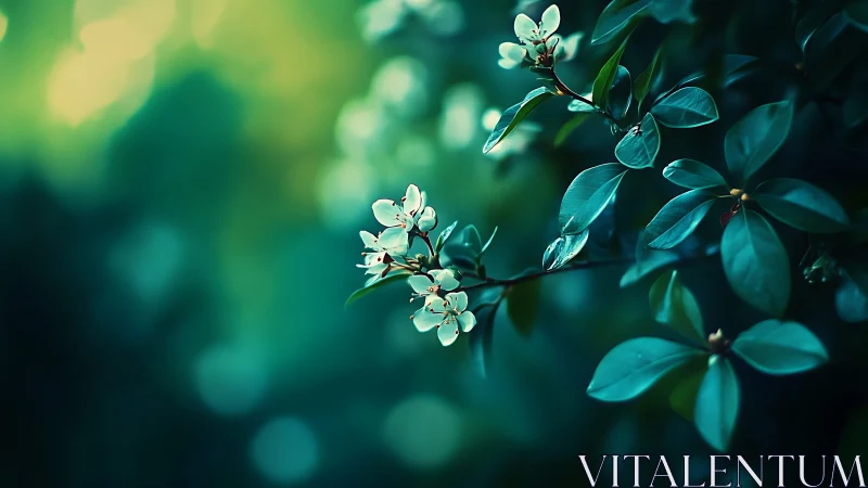 Delicate White Blossoms with Teal Foliage in Soft Bokeh Light.