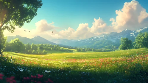 Sunlit alpine meadow with wildflowers under soft clouds.