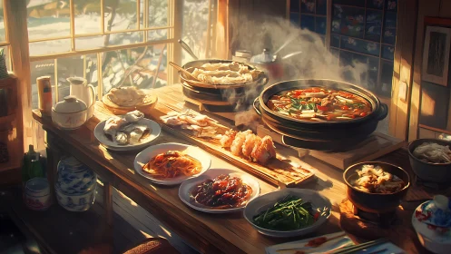 Sunlit kitchen table overflows with steaming Asian feast.