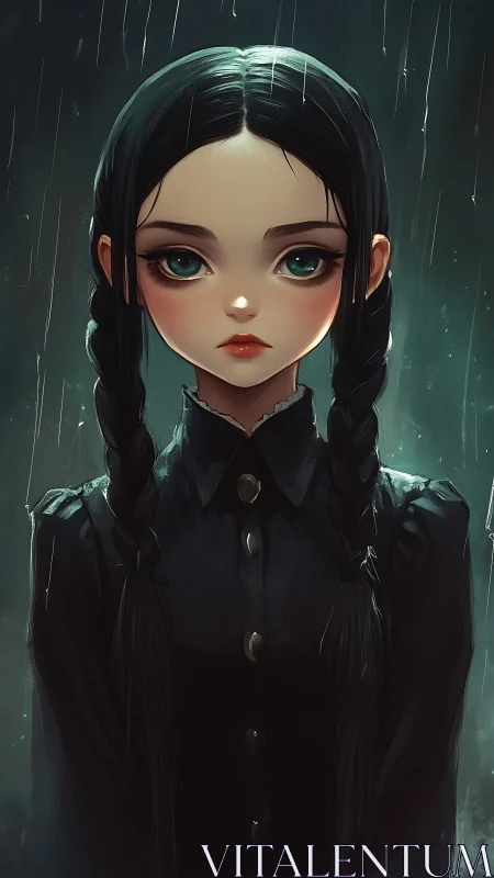 Gothic girl portrait with braids in cinematic rainlight.