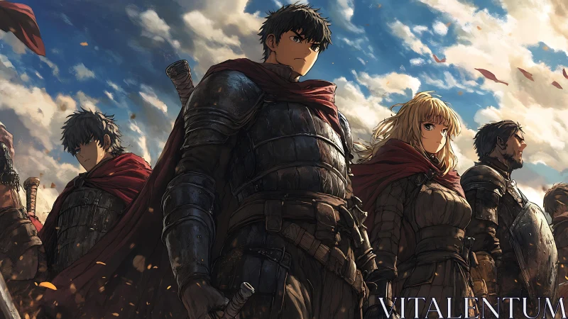 Anime heroic battalion in steel plate armor, low-angle panorama.