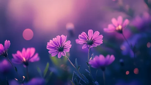 Purple Cosmos Flowers in Dreamy Bokeh Light