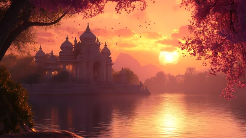 Temple by lakeside under vivid orange sunset sky.