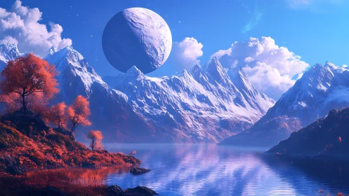 Cryogenic exoplanet lake under oversized glacial satellite.
