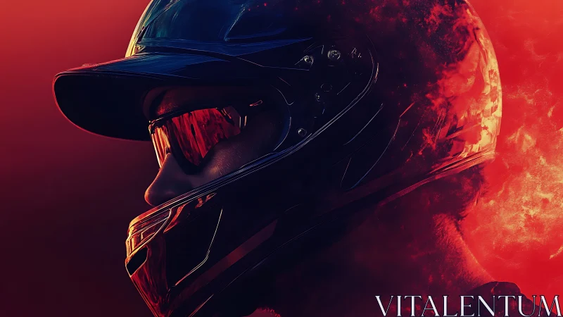 Motorcyclist profile wearing reflective visor in red light