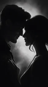 Two people silhouetted about to kiss in high contrast black and white