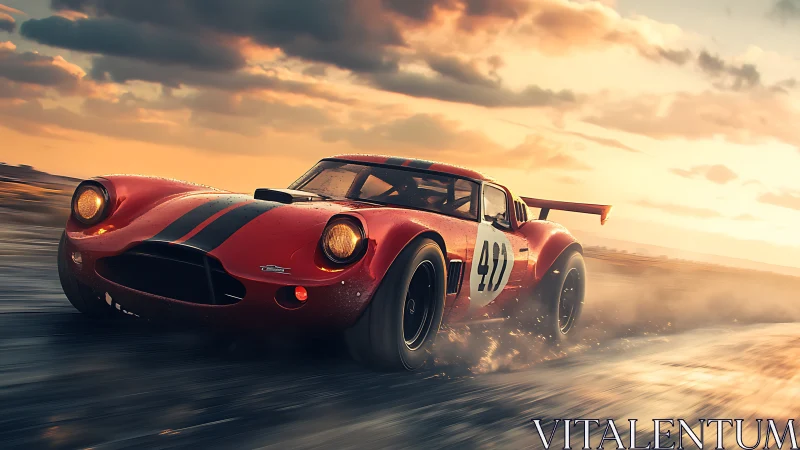 Sunset dust-chaser: retro red race car in full roar.