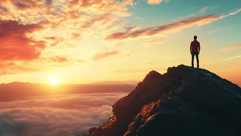 Silhouetted person on mountain ridge above clouds at sunrise.
