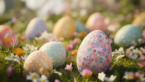 3D shallow-focus Easter eggscape with floral ground plane.