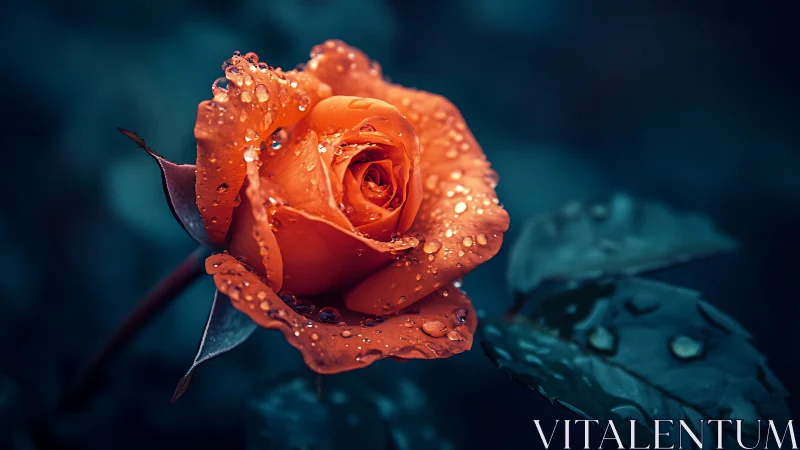 Orange Rose Covered With Water Droplets Against Dark Blue Background