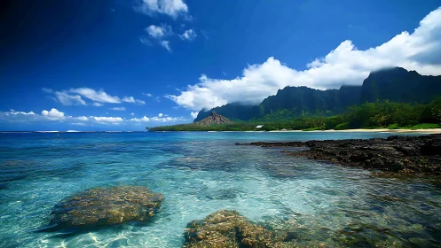 Dramatic Tropical Coastline with Volcanic Peaks and Crystalline Waters.