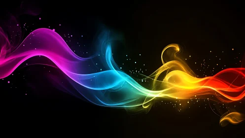 Multicolored light wave ribbons on dark background digital art.