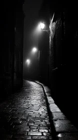 Foggy lamplit alley where wet cobblestones quietly shimmer.