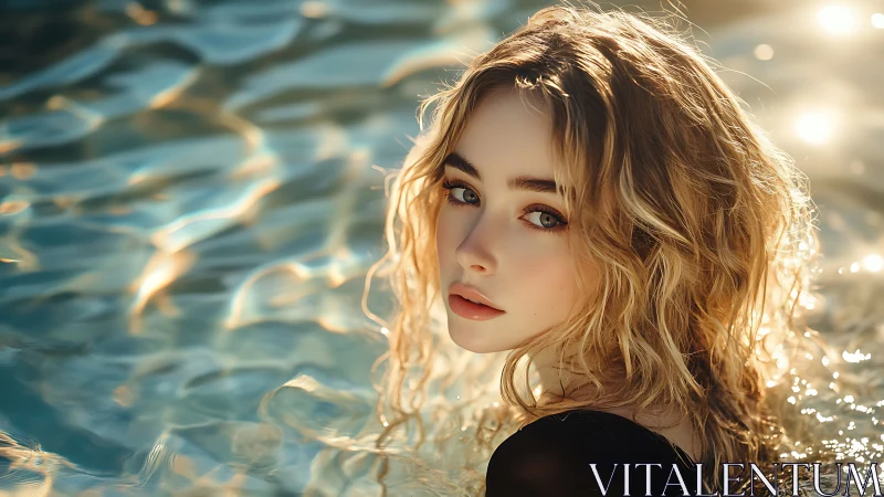 Young woman in sunlit water with reflective ripples