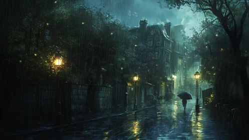 Solitary figure walks rainlit city street under lamps.
