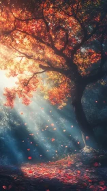 Sunlight filters through autumn foliage onto a forest floor