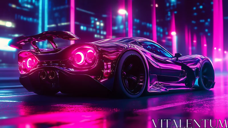 Neon‑lit hypercar rendered with high‑gloss reflections and bokeh city lights
