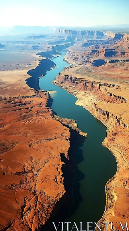 Aerial desert canyon river corridor with stratified sandstone walls