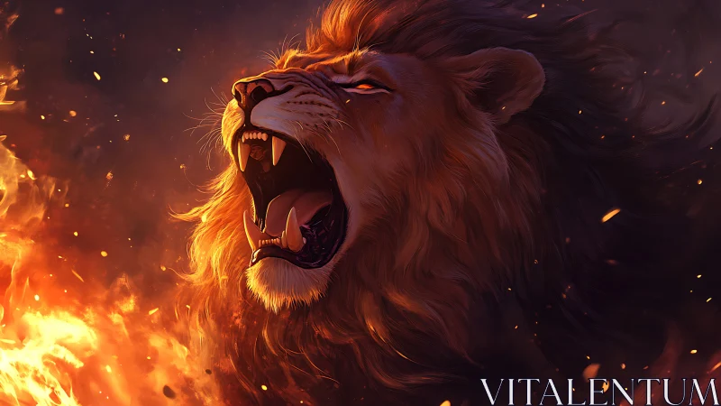 Roaring lion emerges in blazing embers and swirling flames