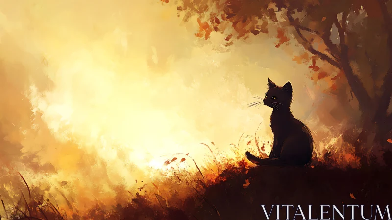 Black cat silhouette against blazing autumn sunset glow.