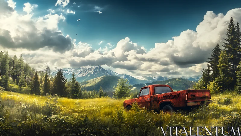 Rusty red pickup rests under towering alpine clouds.