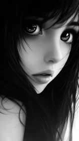 Monochrome anime portrait with luminous reflective eyes.