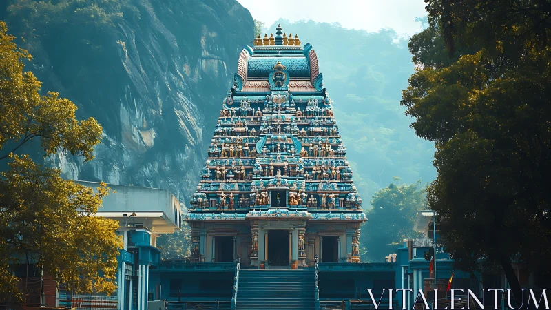 Ornate blue Hindu temple tower in forested mountain setting.